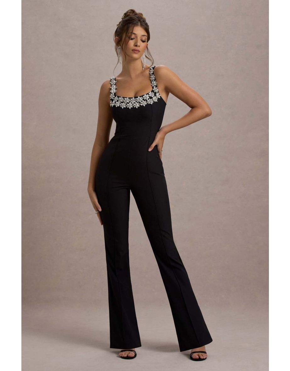 Amadi | Black Embellished Strappy Flared-Leg Jumpsuit