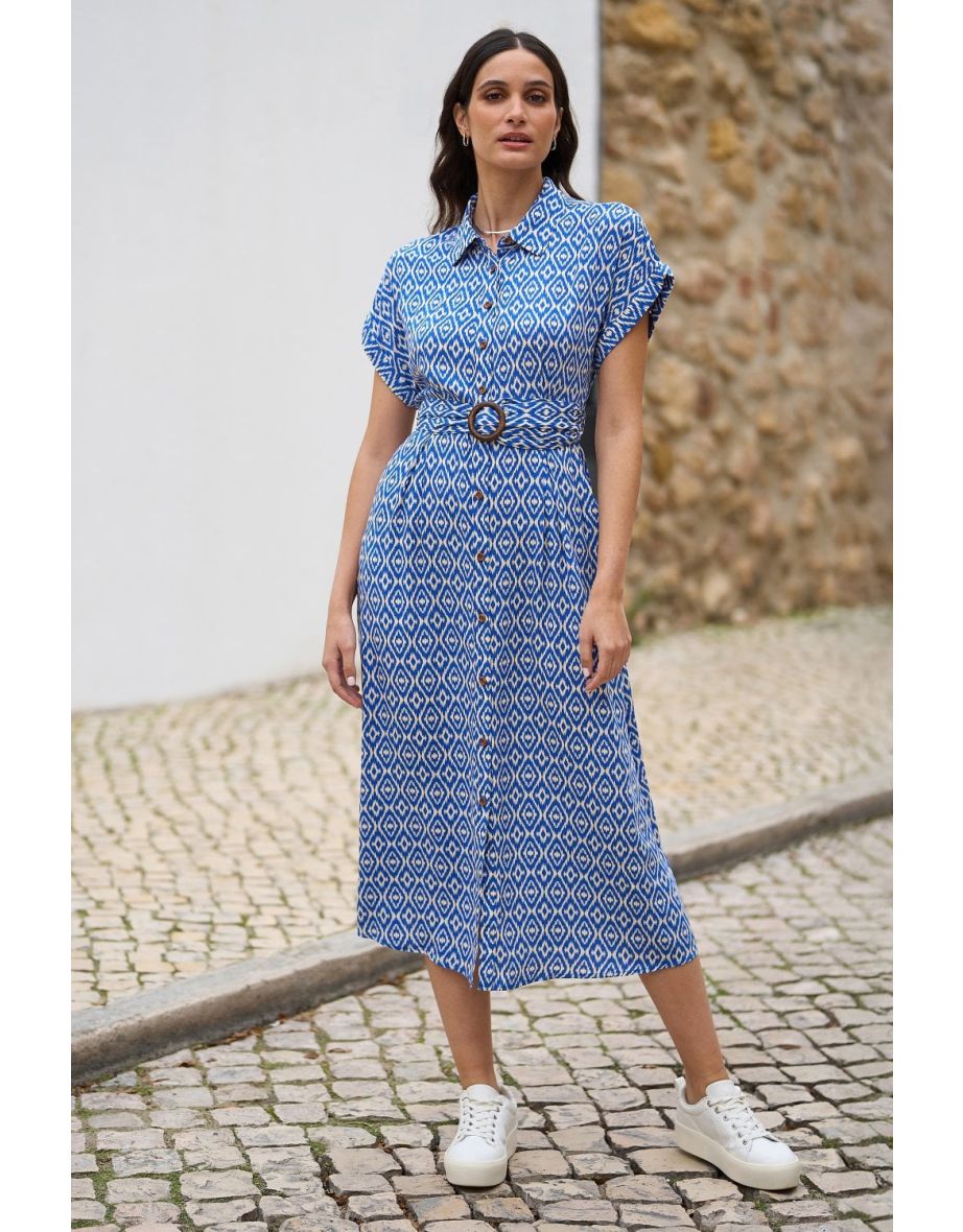 Yumi Blue Viscose Midi Shirt Dress With Matching Belt