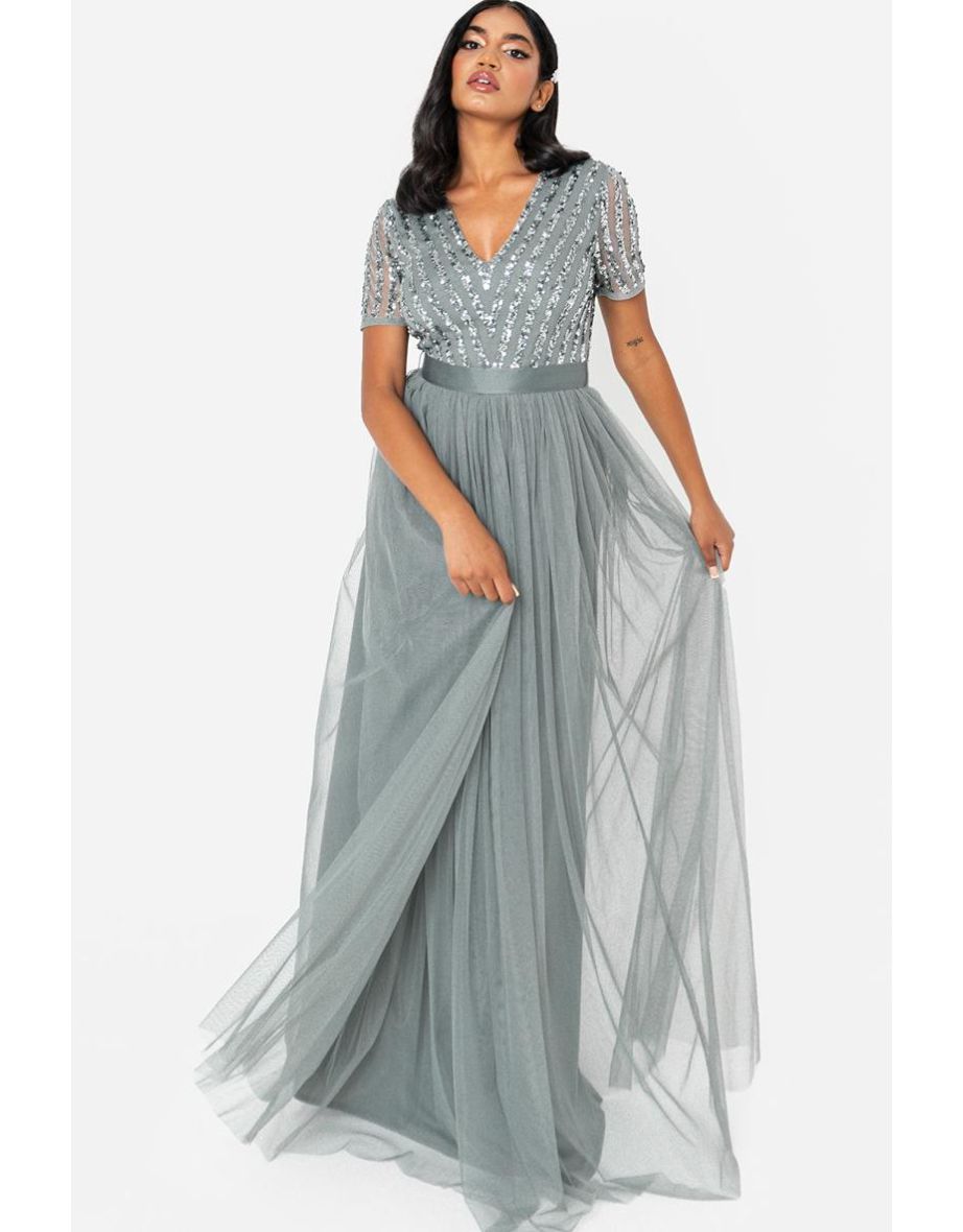 Maya Misty Green Stripe Embellished Maxi Dress With Sash Belt