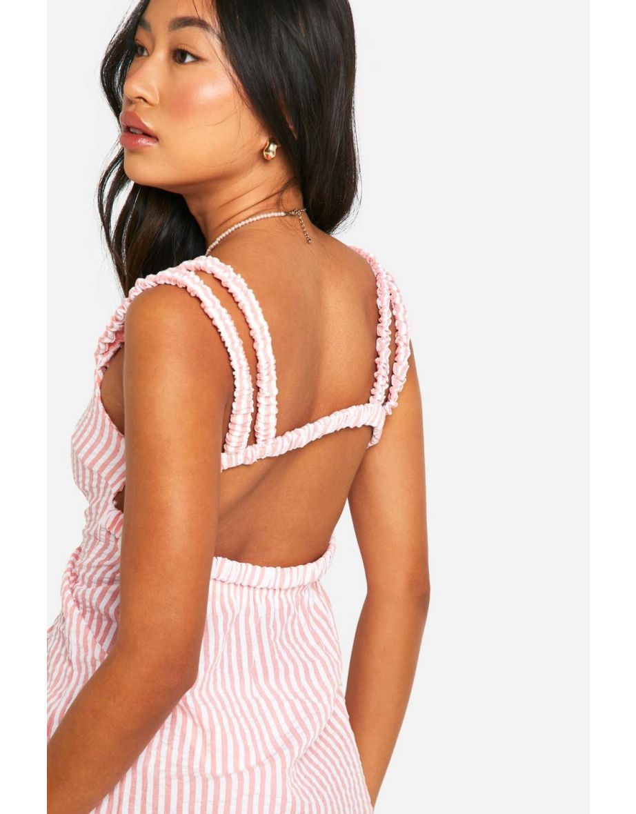 Stripe Seersucker Open Back Beach Dress - coral - 3