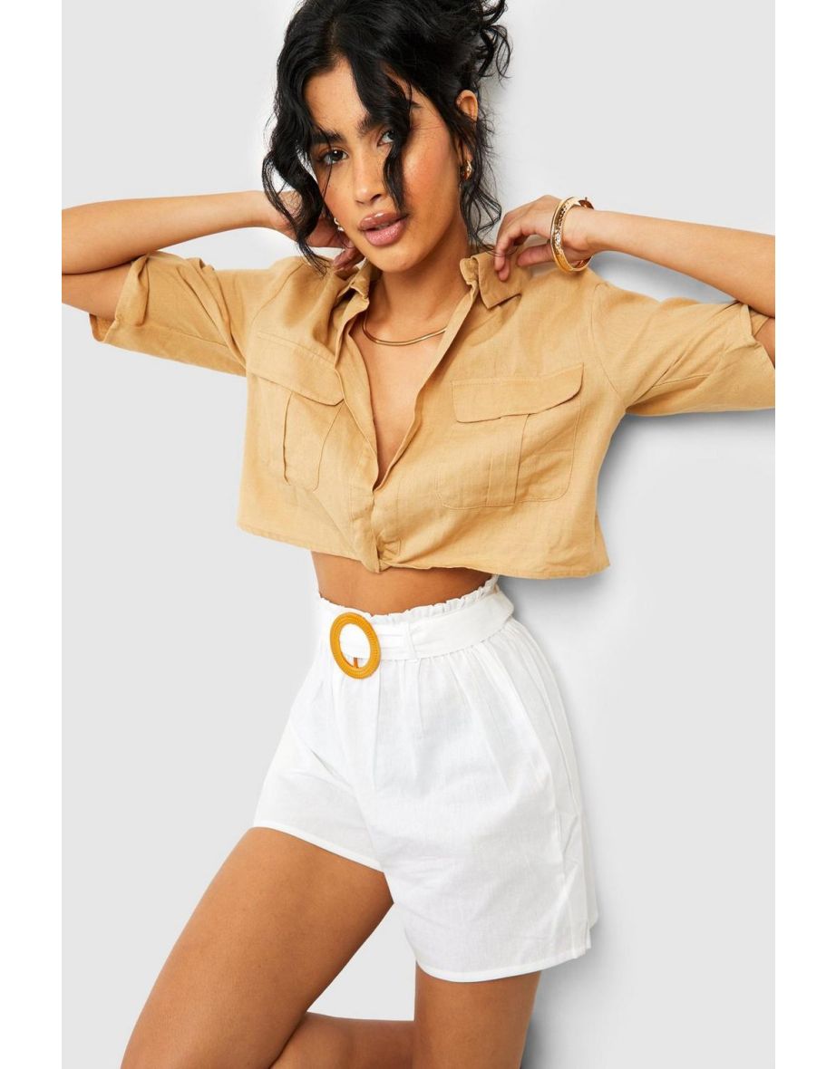 Tall Rattan Look Buckle Linen Tailored Shorts - white