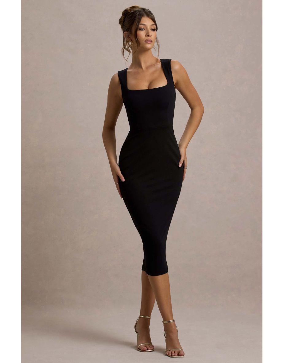 Shantelle | Black Bodycon Square-Neck Midi Dress
