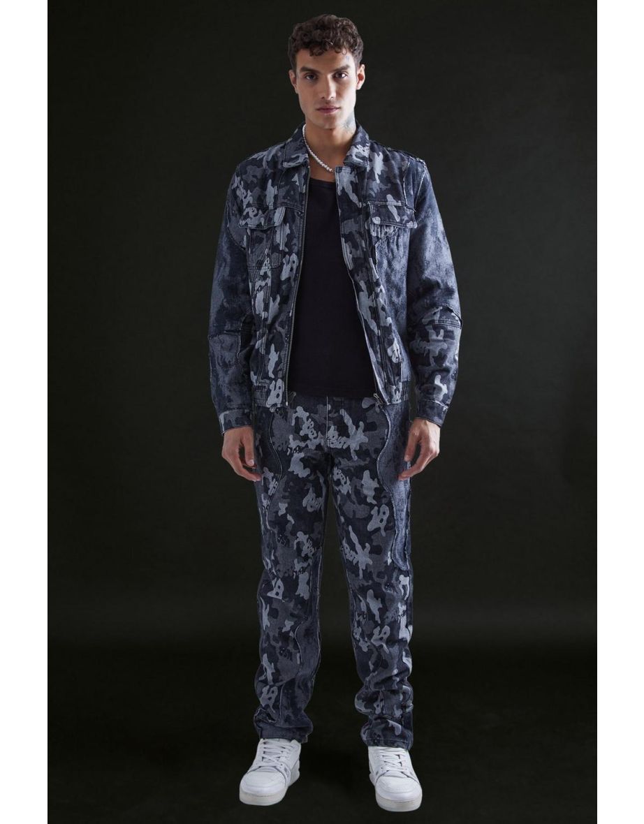Regular Fit Spliced Camo Denim Jacket - black