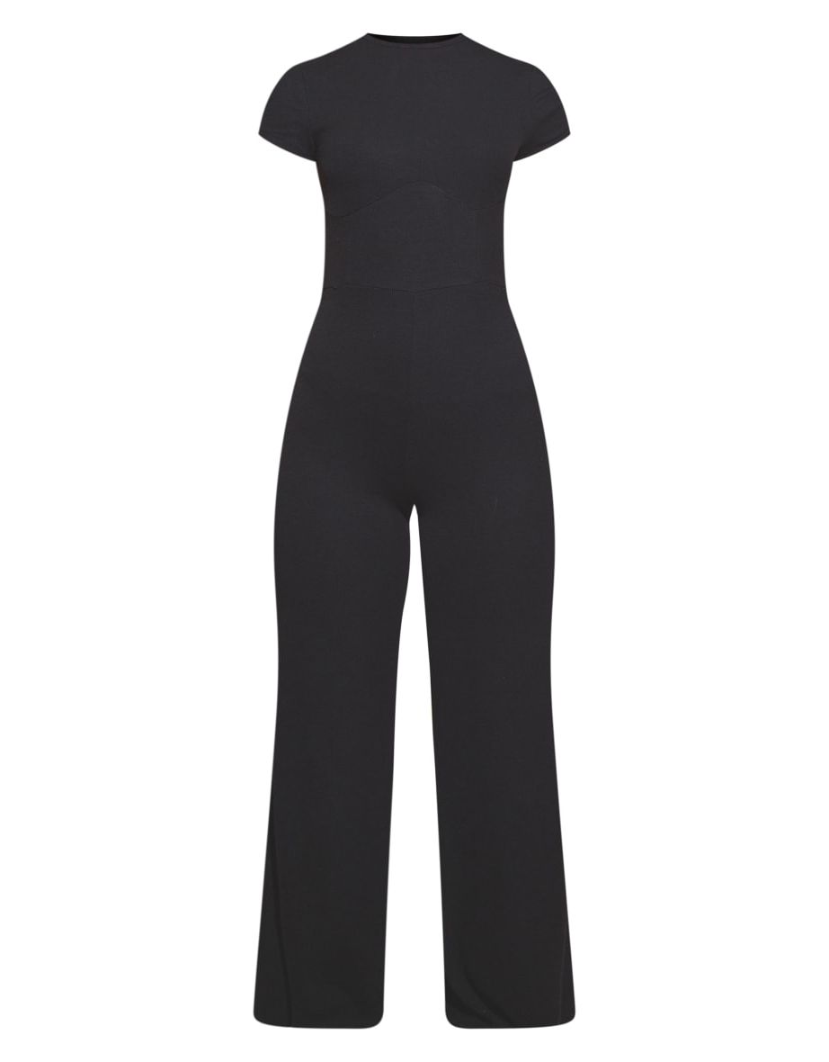 Black Ribbed Under Bust Seam Short Sleeve Jumpsuit - 4