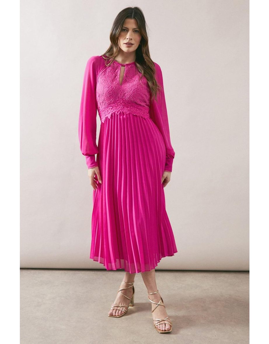Occasion Lace Insert Pleated Midi Dress