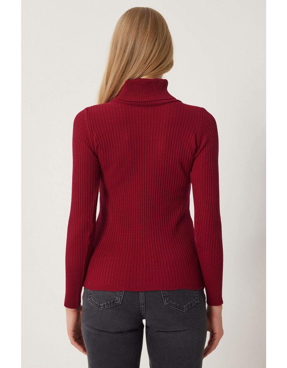 Women's Burgundy Turtleneck Corduroy Lycra Sweater - 4