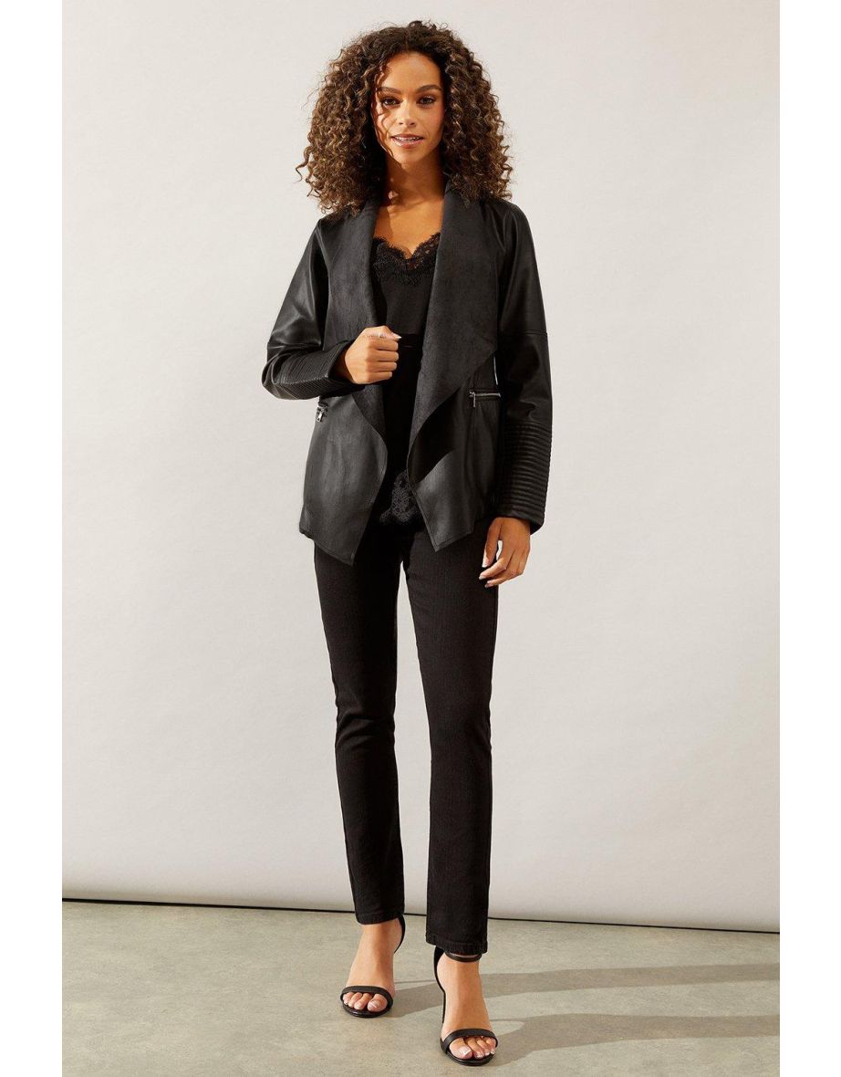 Black Faux Leather Waterfall Jacket