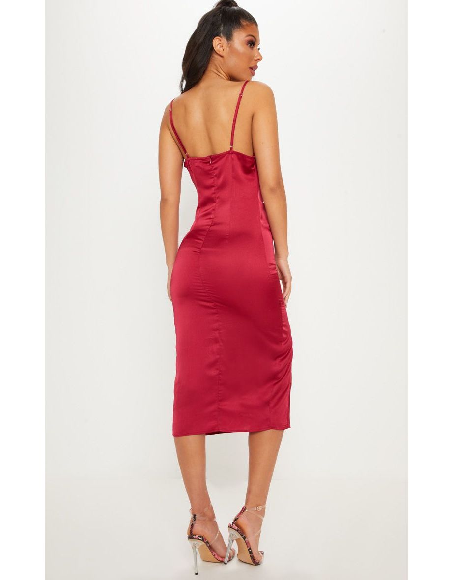 Shop Burgundy Strappy Satin Cowl Midi Dress Online in United Arab Emirates VogaCloset