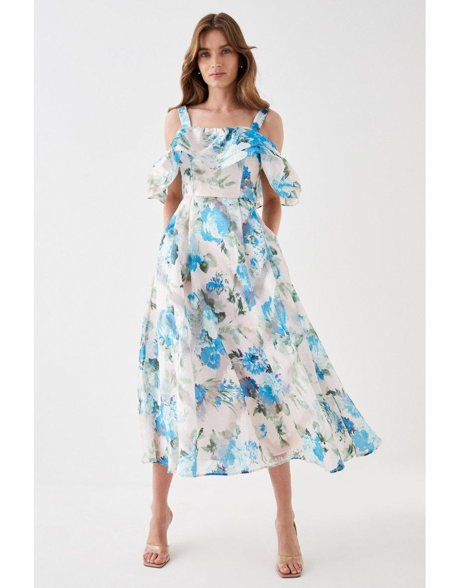 Jacquard Frill Bardot Midi Dress
