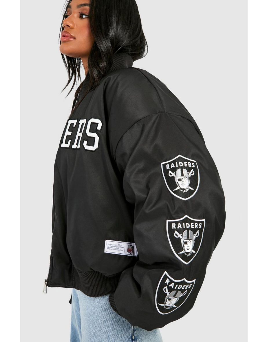 Nfl Raiders License Badge Applique Oversized Bomber Jacket - black - 3