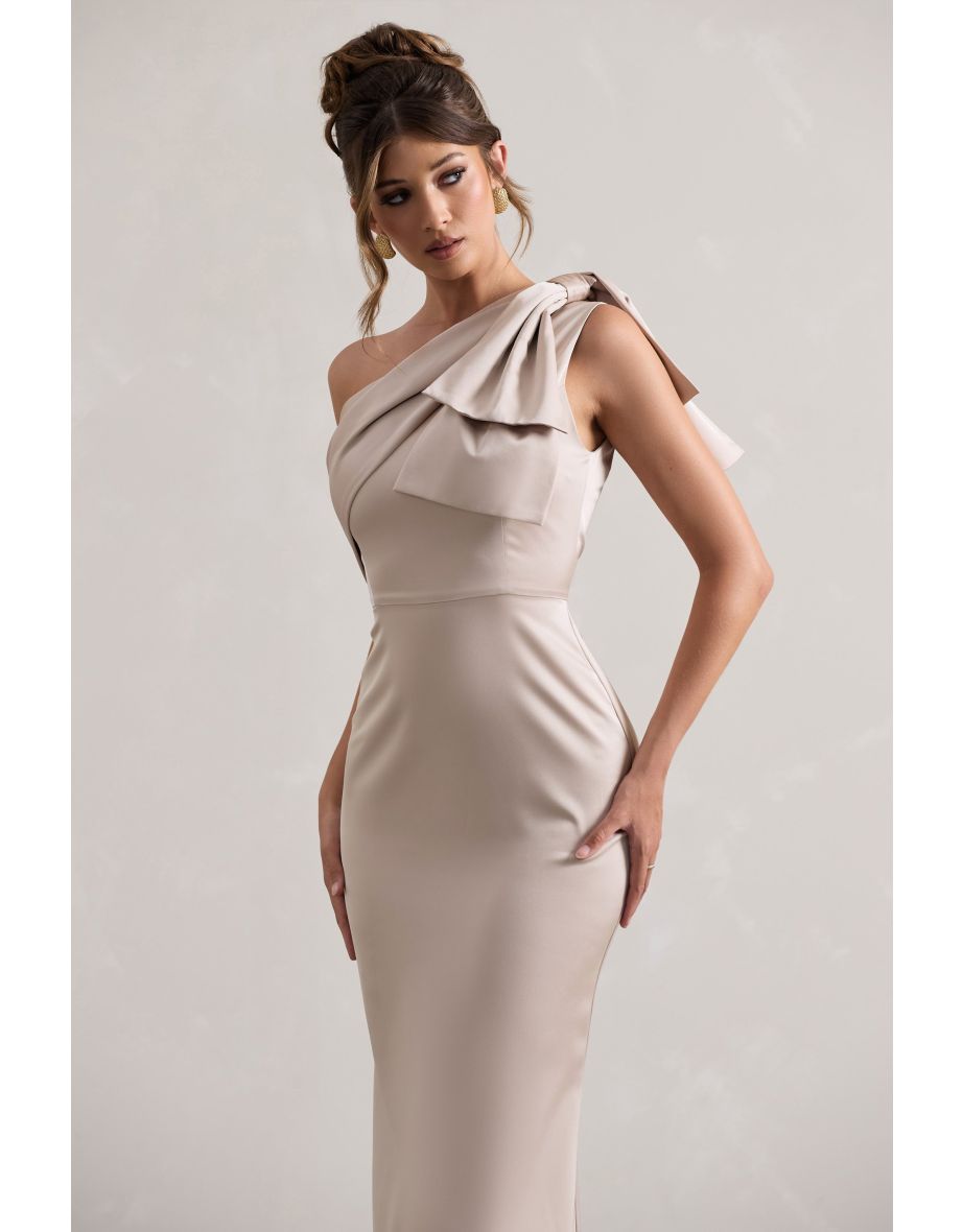 Lady | Champagne Satin One Shoulder Maxi Dress With Bow - 4