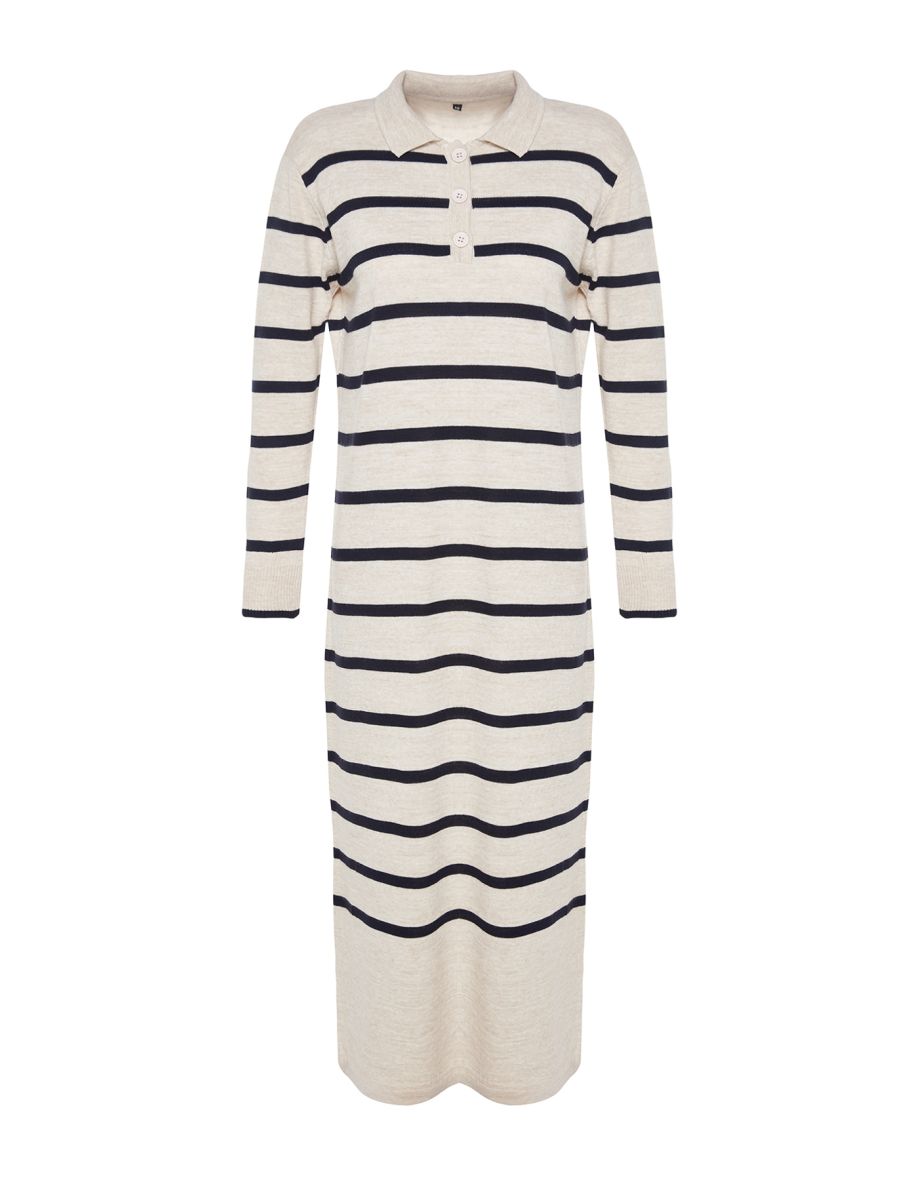 Indigo Polo Neck Striped Knitwear Dress