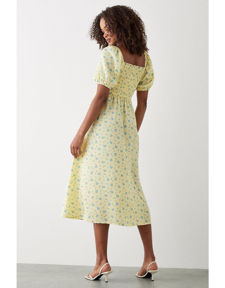 Yellow Ditsy Floral Shirred Midi Dress - 2