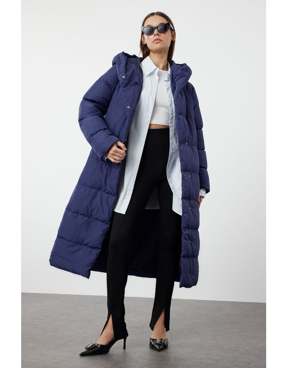 Blue Side Snap Closure Water Repellent Long Quilted Puffer Jacket