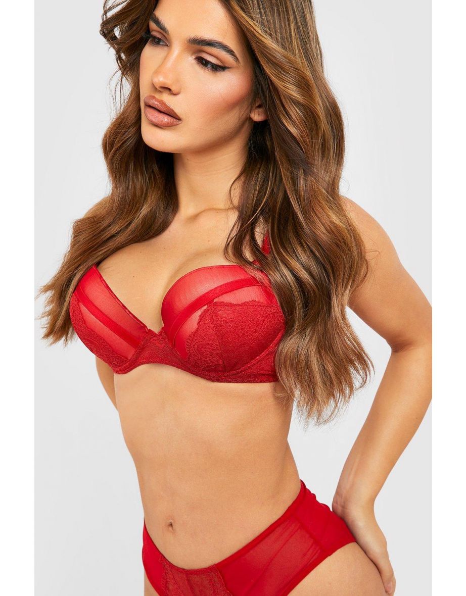 Valentines Contrast Mesh & Lace Super Push Up Bra - red