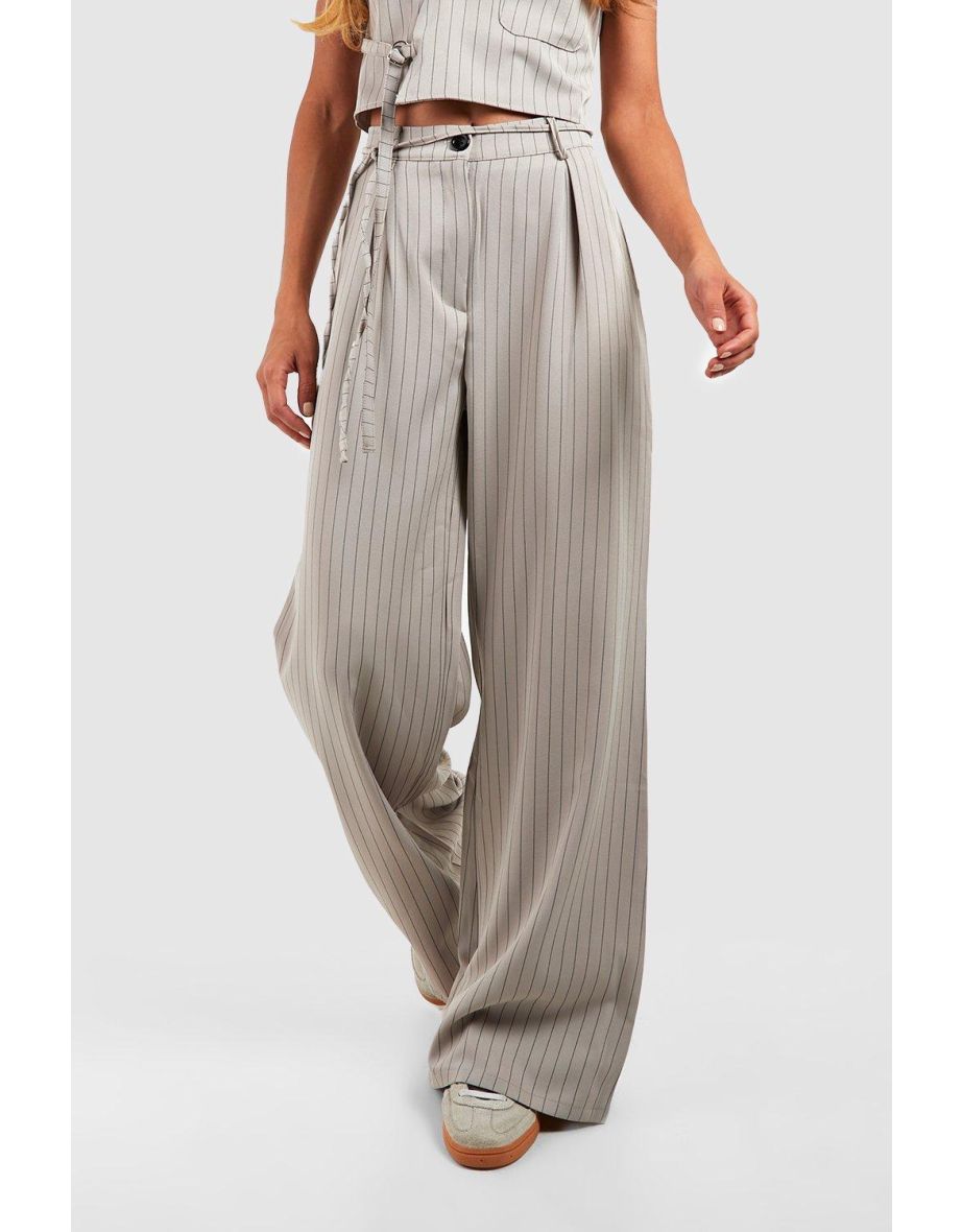 Pinstripe Tie Waist Tailored Wide Leg Trousers - grey - 3