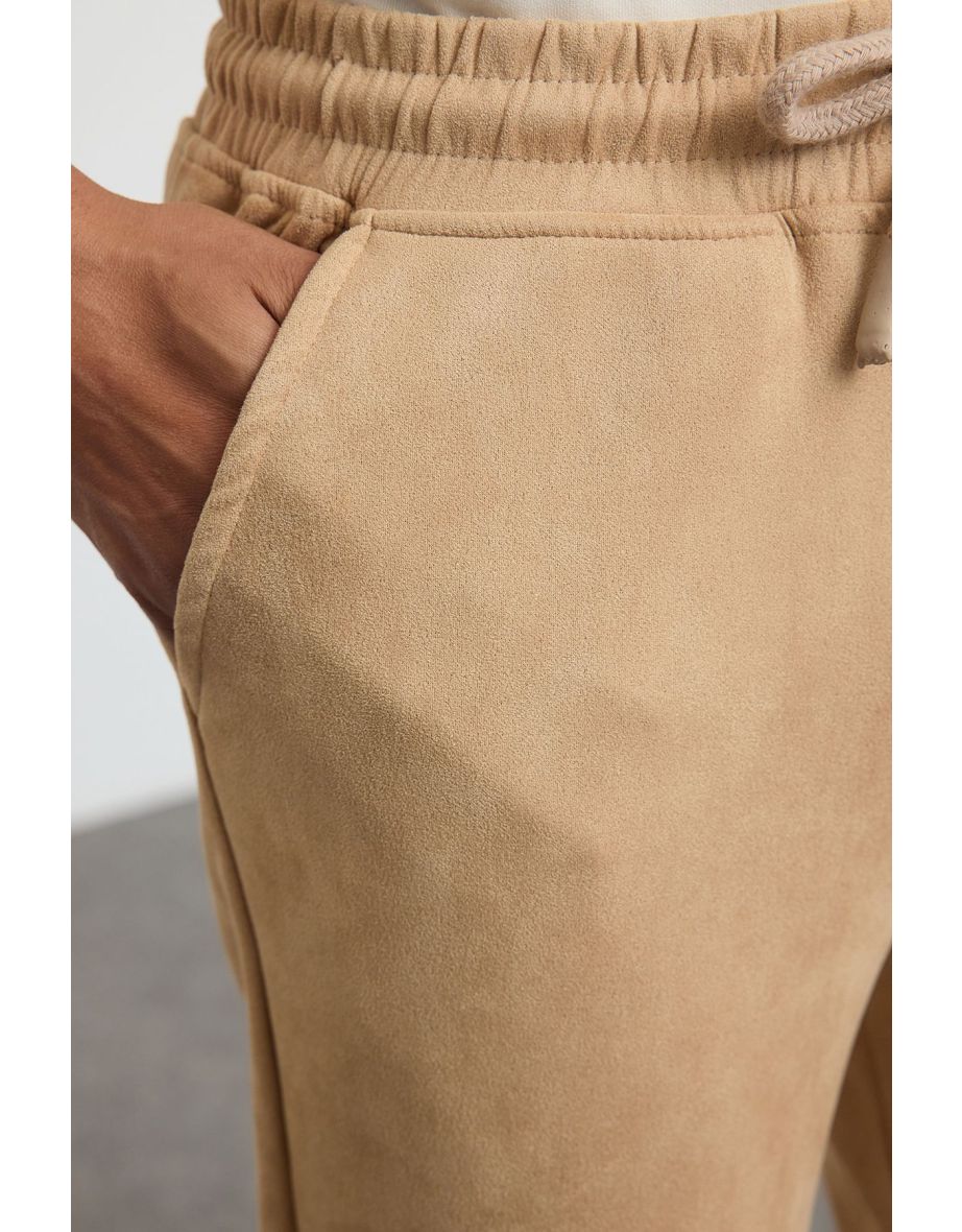 Beige Slim Fit Elastic Waist Suede Trousers - 4