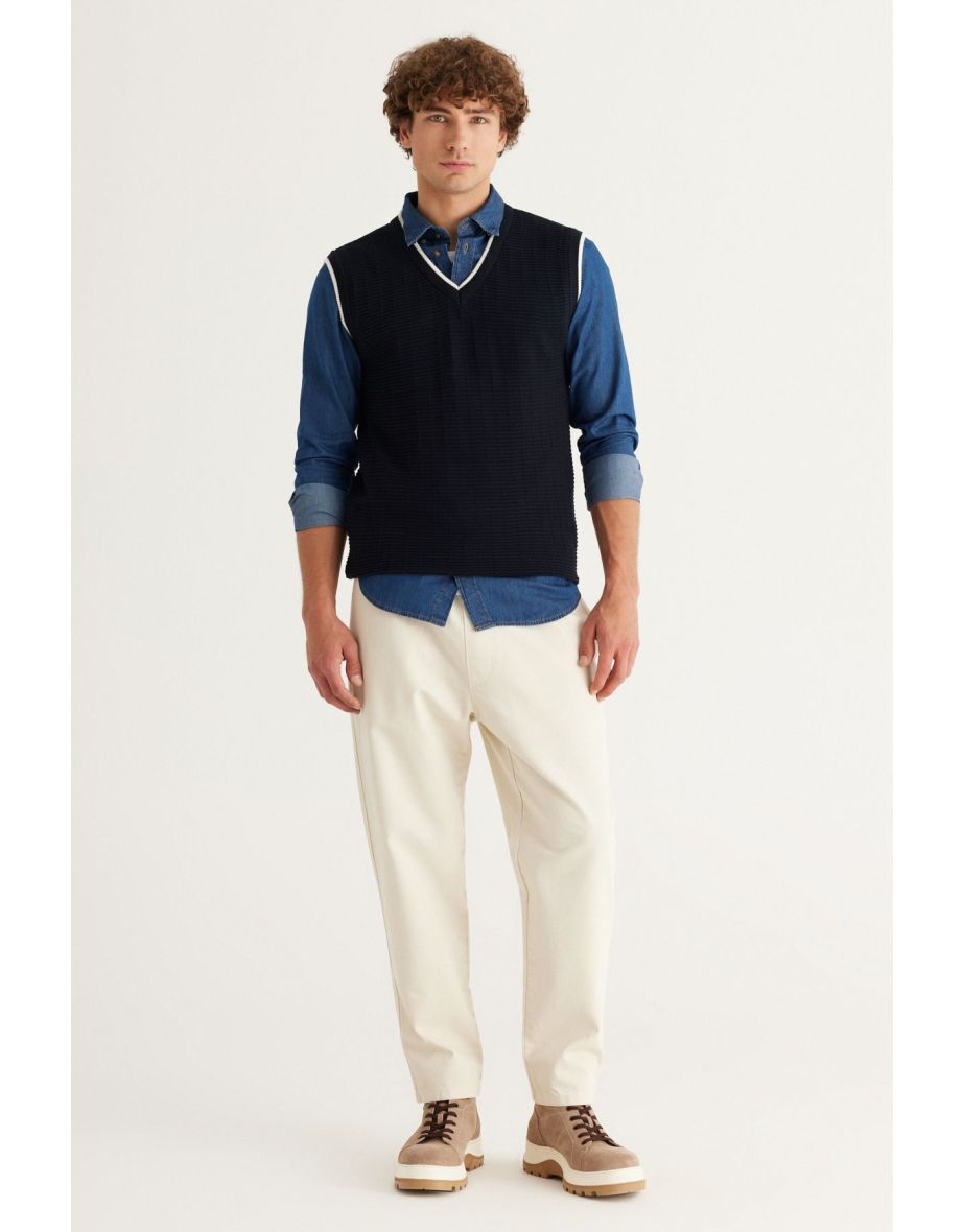 Men's Navy Blue Standard Fit Regular Fit V Neck Cotton Knitwear Sweater
