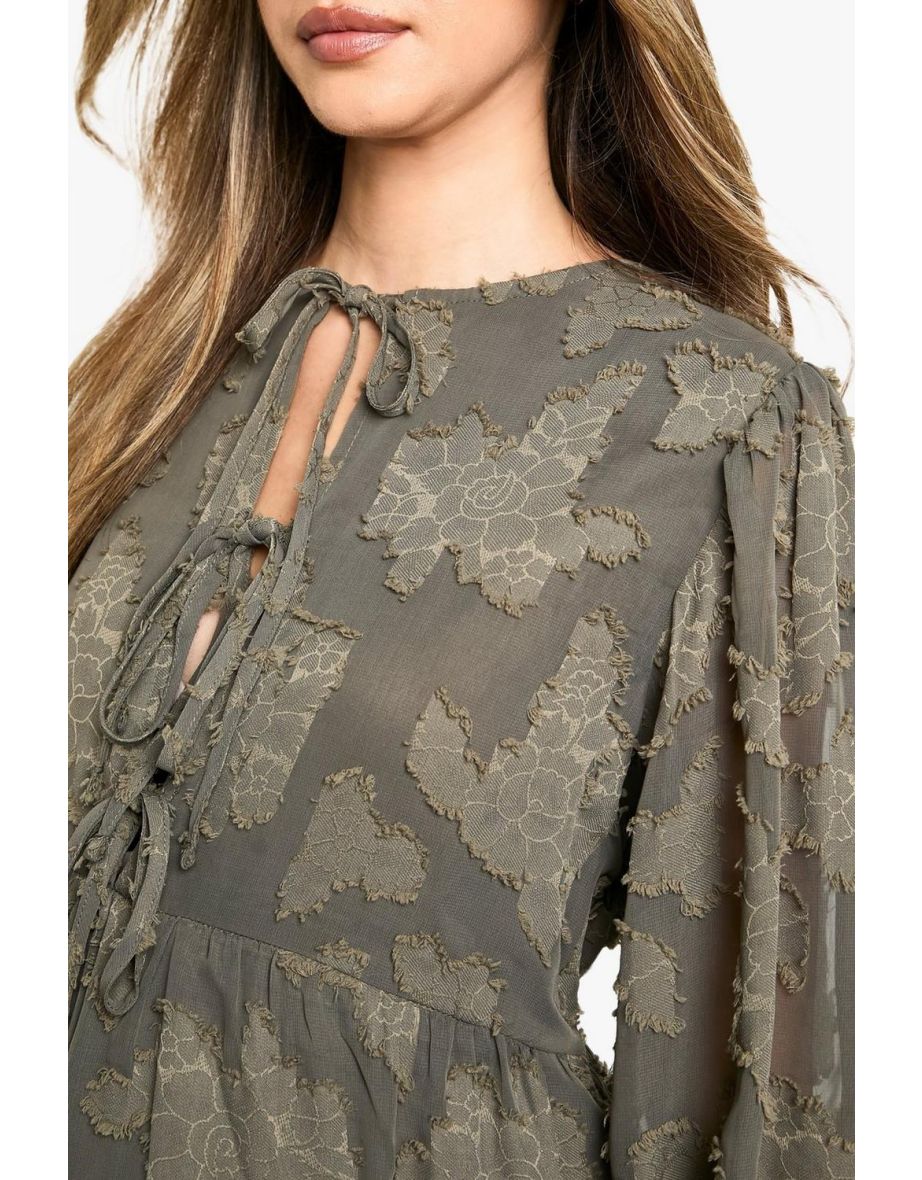 Maternity Tie Front Burn Out Long Sleeve Smock Dress - dark olive - 3