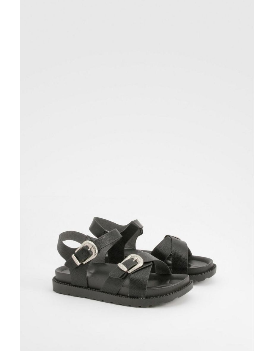 Wide Fit Western Buckle Chunky Sandals - black