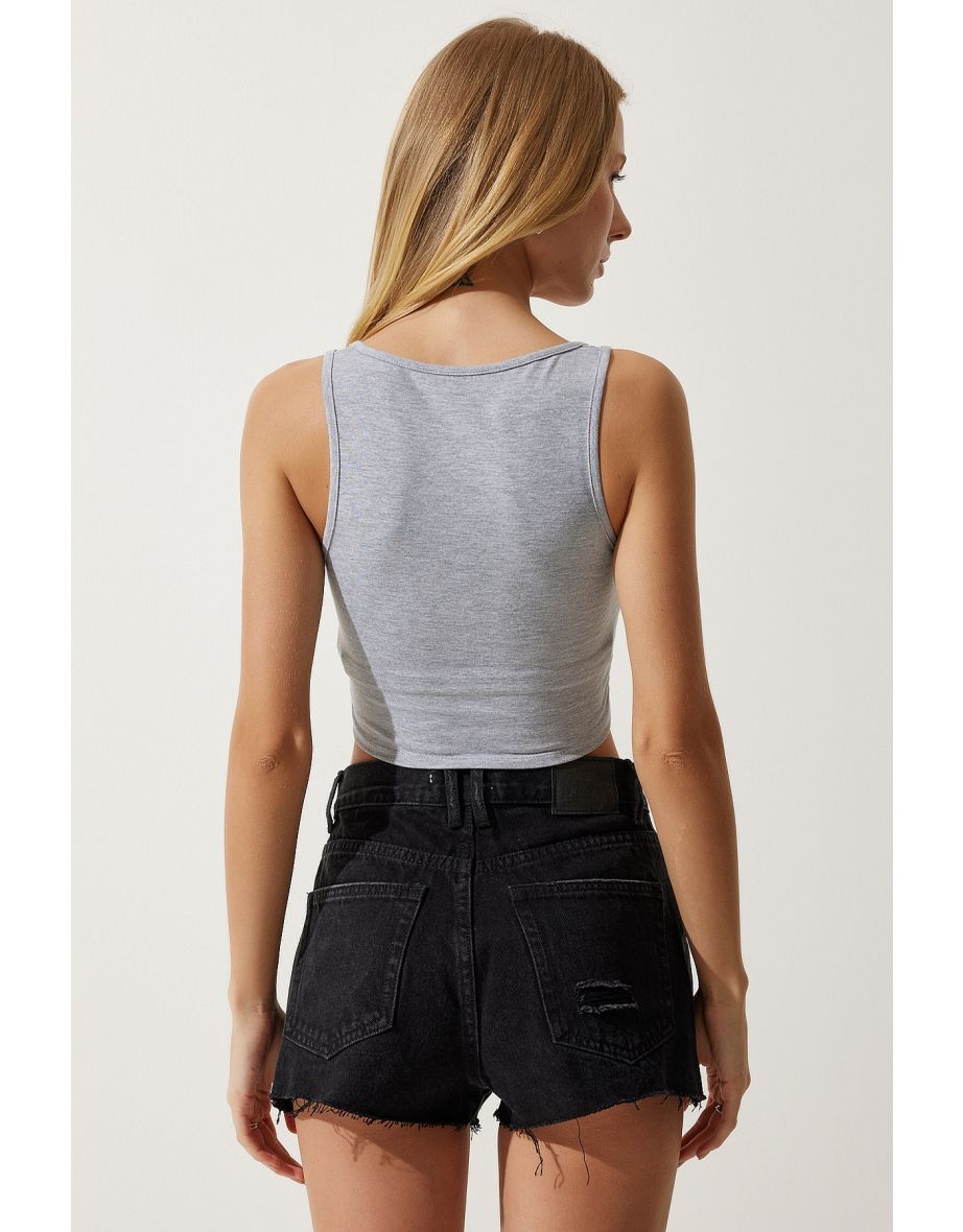 Women's Gray Strappy Crop Knitted Blouse - 4