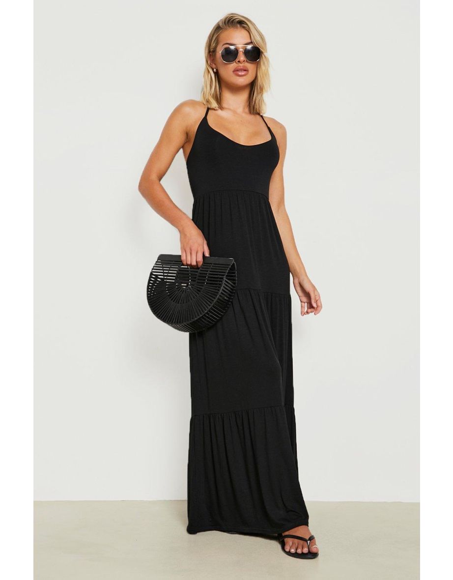 Basic V Neck Tiered Maxi Dress - black