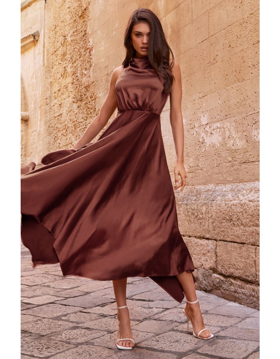 Kerri | Chocolate Brown Satin Cowl-Neck Maxi Dress