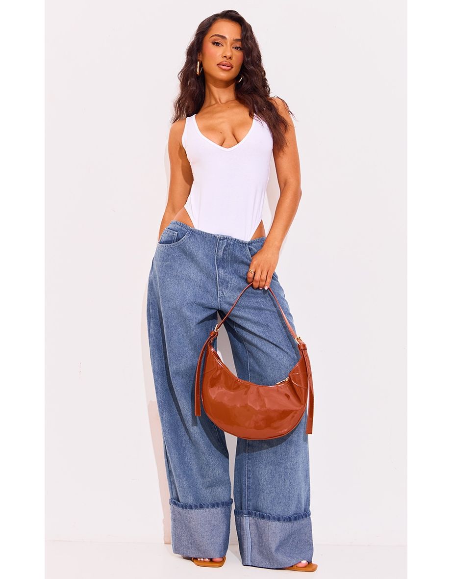 Petite Light Blue Wash Denim Turn Up Low Rise Wide Leg Jeans