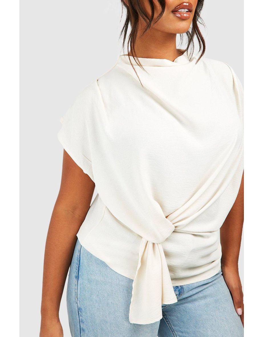 Plus Knot Cowl Neck Blouse - cream - 3