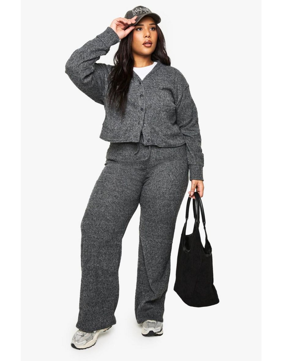 Plus Soft Rib Cardigan And Drawstring Trouser Knitted Set - ash grey