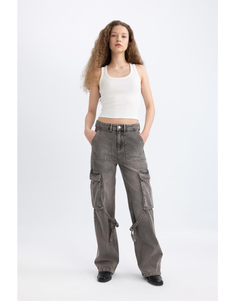 Afra x DeFacto Wide Leg Cargo High Waist Long Jean Pants - 7
