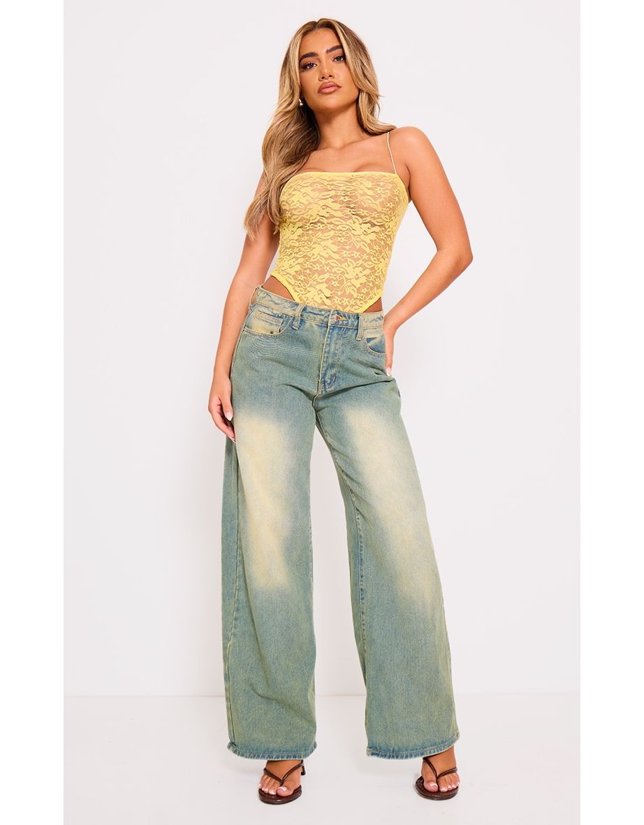 PRETTYLITTLETHING Yellow Lace Spaghetti Strap Bodysuit