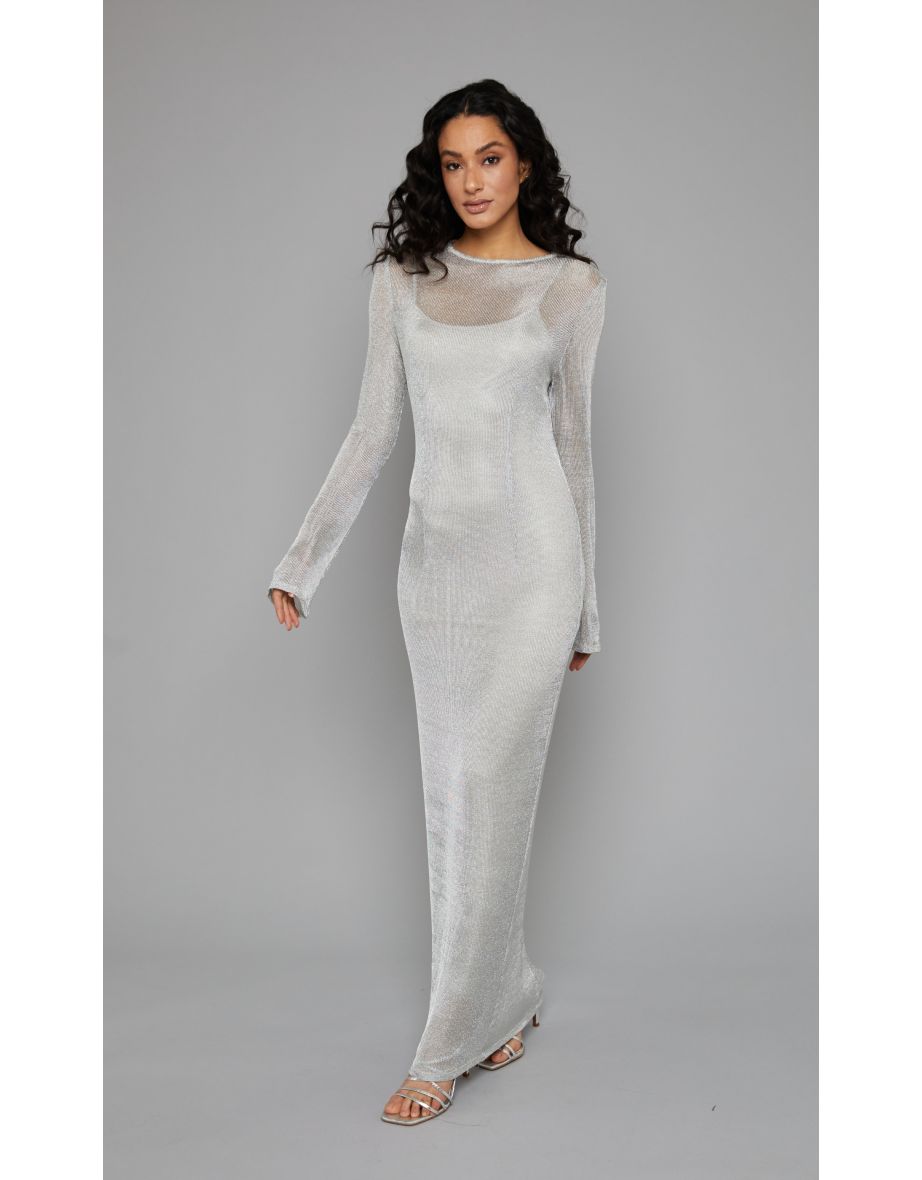 Silver Metallic Fine Knit Maxi Dress