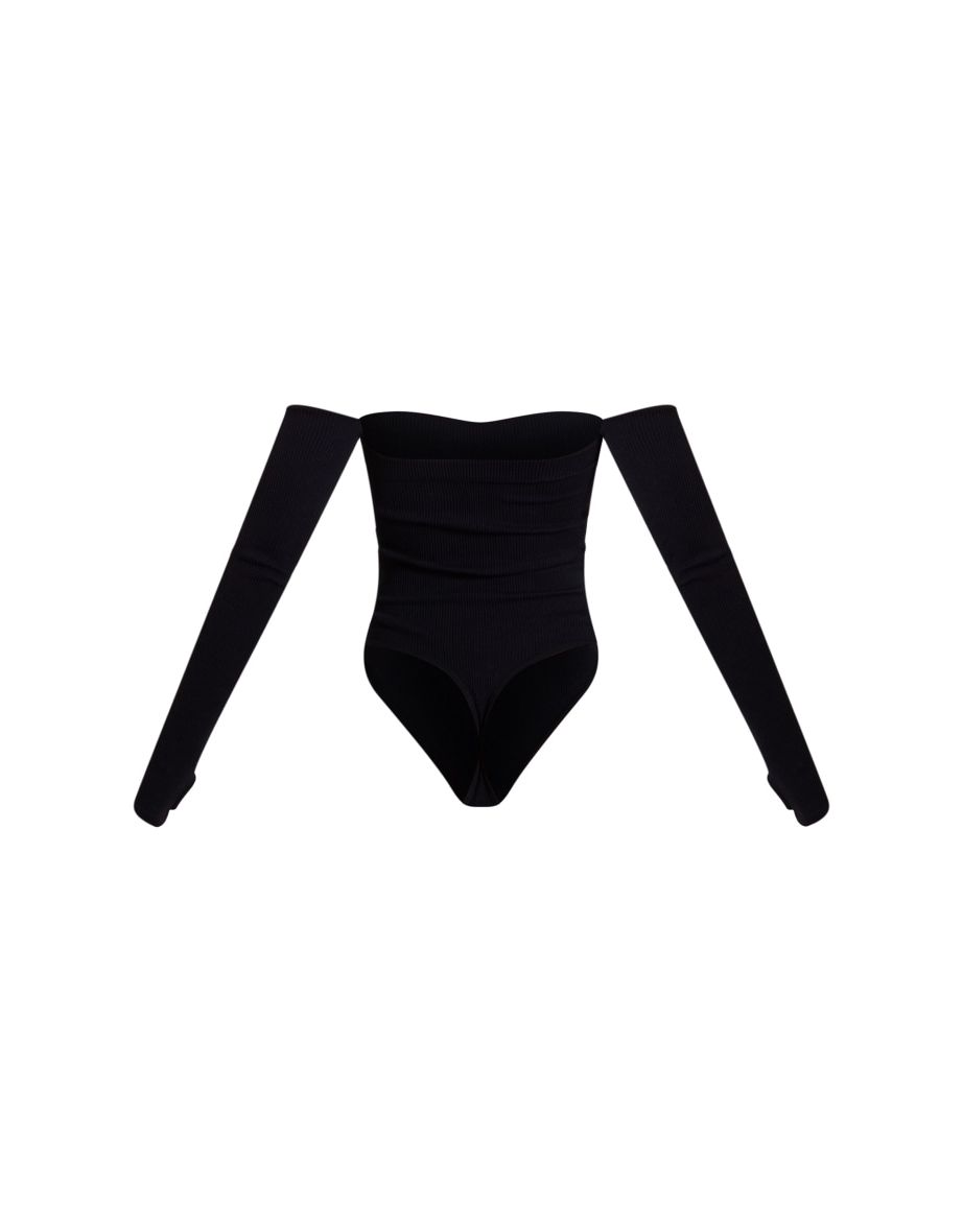 Black Contour Rib Bardot Thumbhole Bodysuit - 5