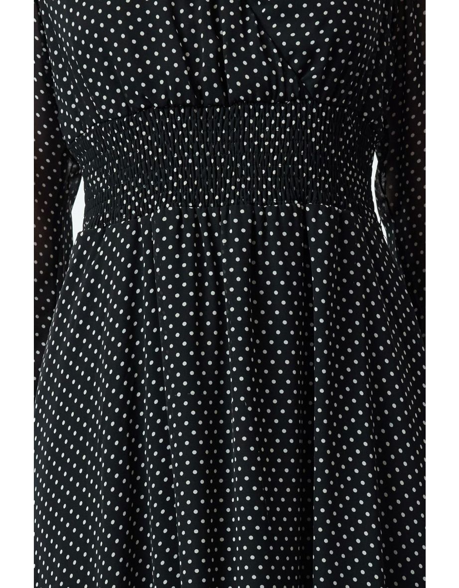 Black Polka Dot A-Line Double Breasted Collar Handkerchief Skirt Detailed Lined Chiffon Woven Dress - 4
