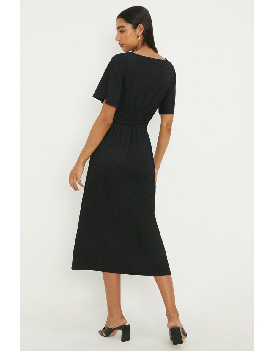 Black Shirred Waist Short Sleeve Midi Dress - 2