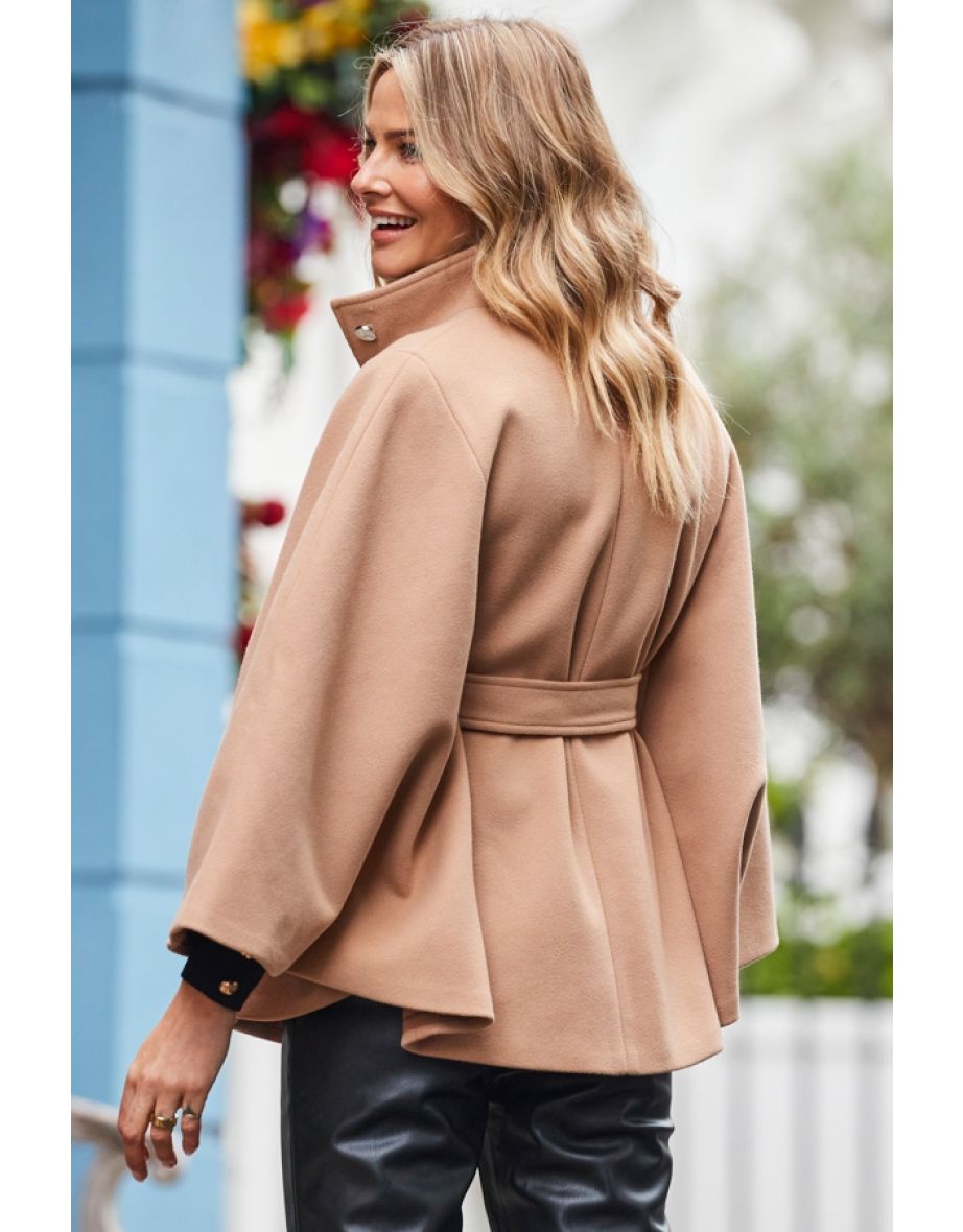 Camel Faux Wool Belted Cape Coat - 4
