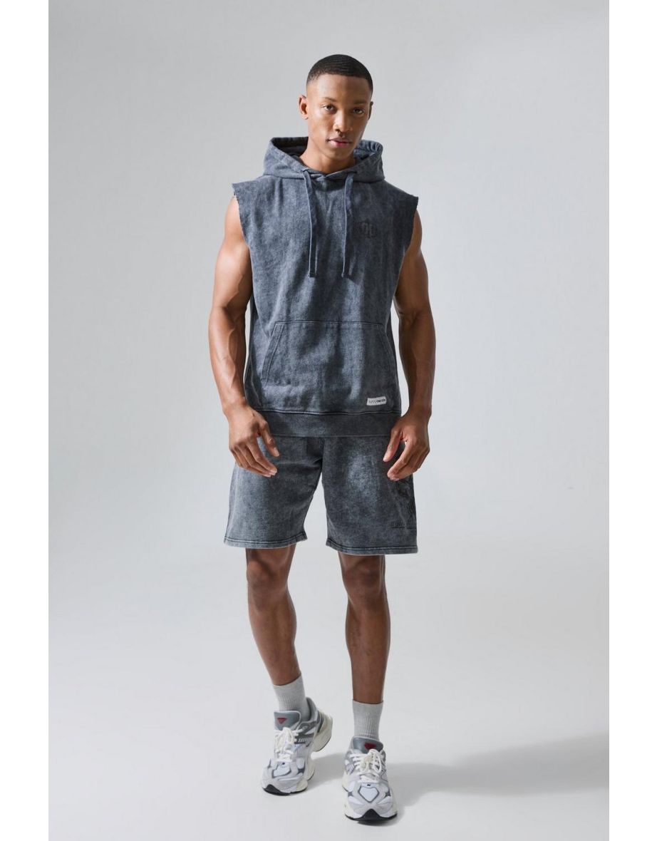 Man Active X Og Gym Washed Sleeveless Hooded Tracksuit - charcoal