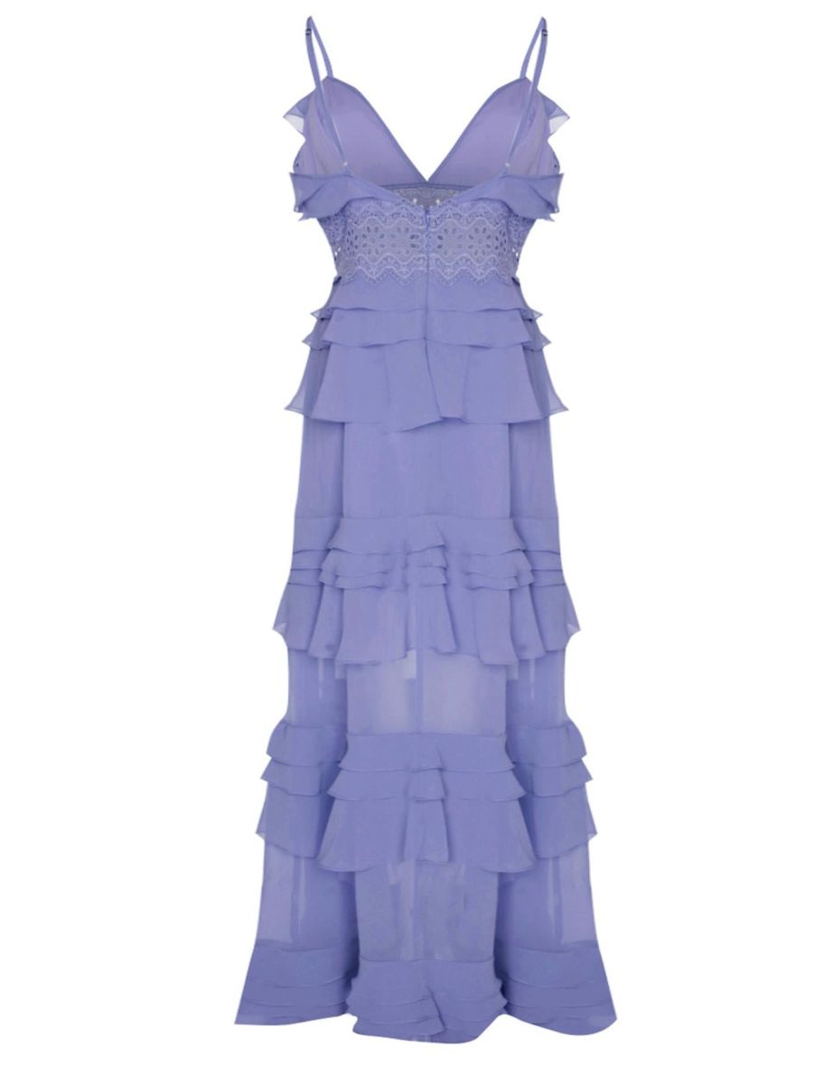 Sophia Cornflower-Blue Plunge Front Tiered Ruffle Maxi-Dress - 3