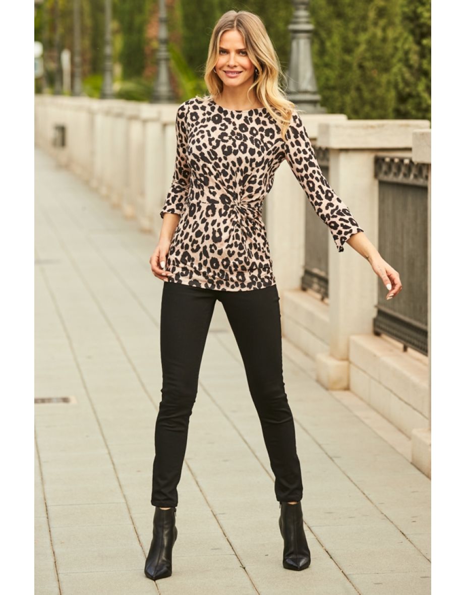 Leopard Print Twist Front Fluted Sleeve Jersey Top