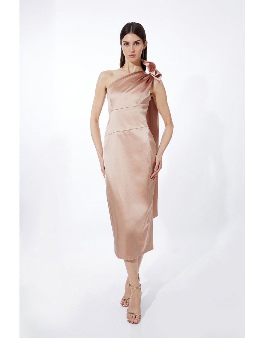 Petite Italian Satin Drape Shoulder Tailored Midaxi Dress