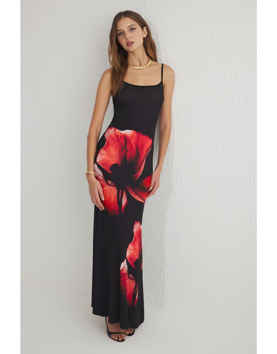 Black*001 Floral Printed Maxi Bodycone/Fits Body Strappy Stretch Knit Dress