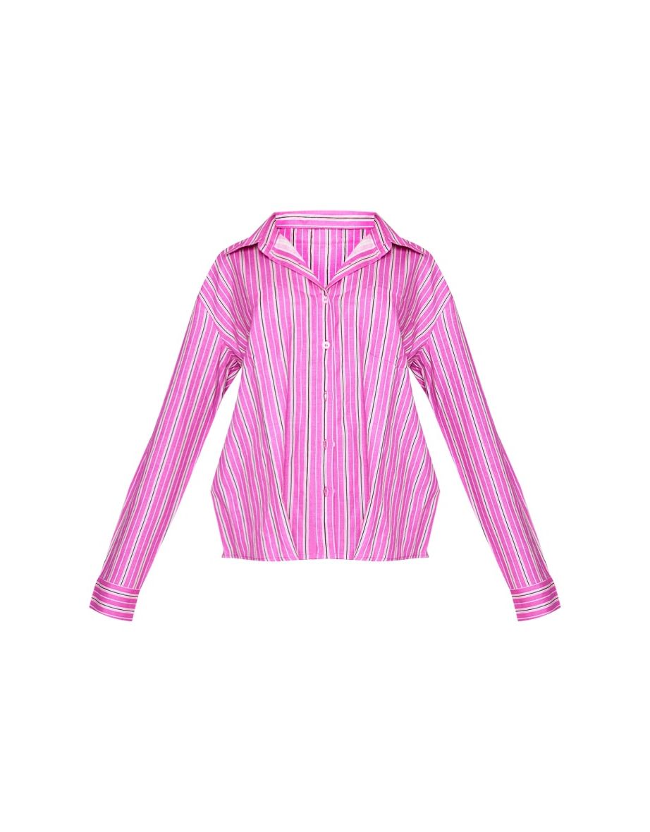 Pink Stripe Linen Look Pocket Front Long Sleeve Oversized Shirt - 4