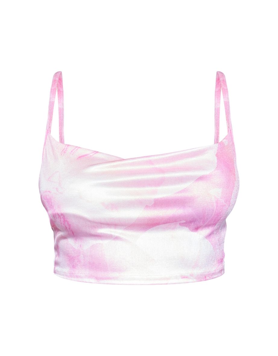 Light Pink Floral Print Acetate Slinky Cowl Neck Strappy Top - 4