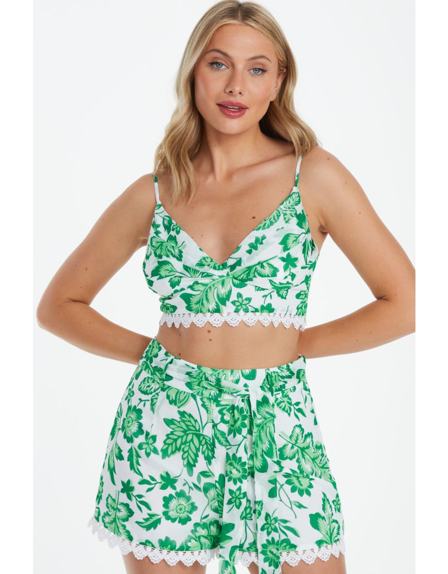 Green Tropical Print Crop Top
