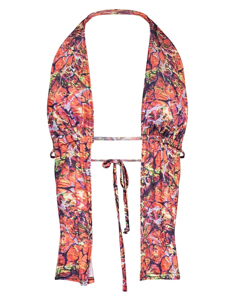 Red Abstract Marble Print Slinky Halterneck Longline Bralette - 3