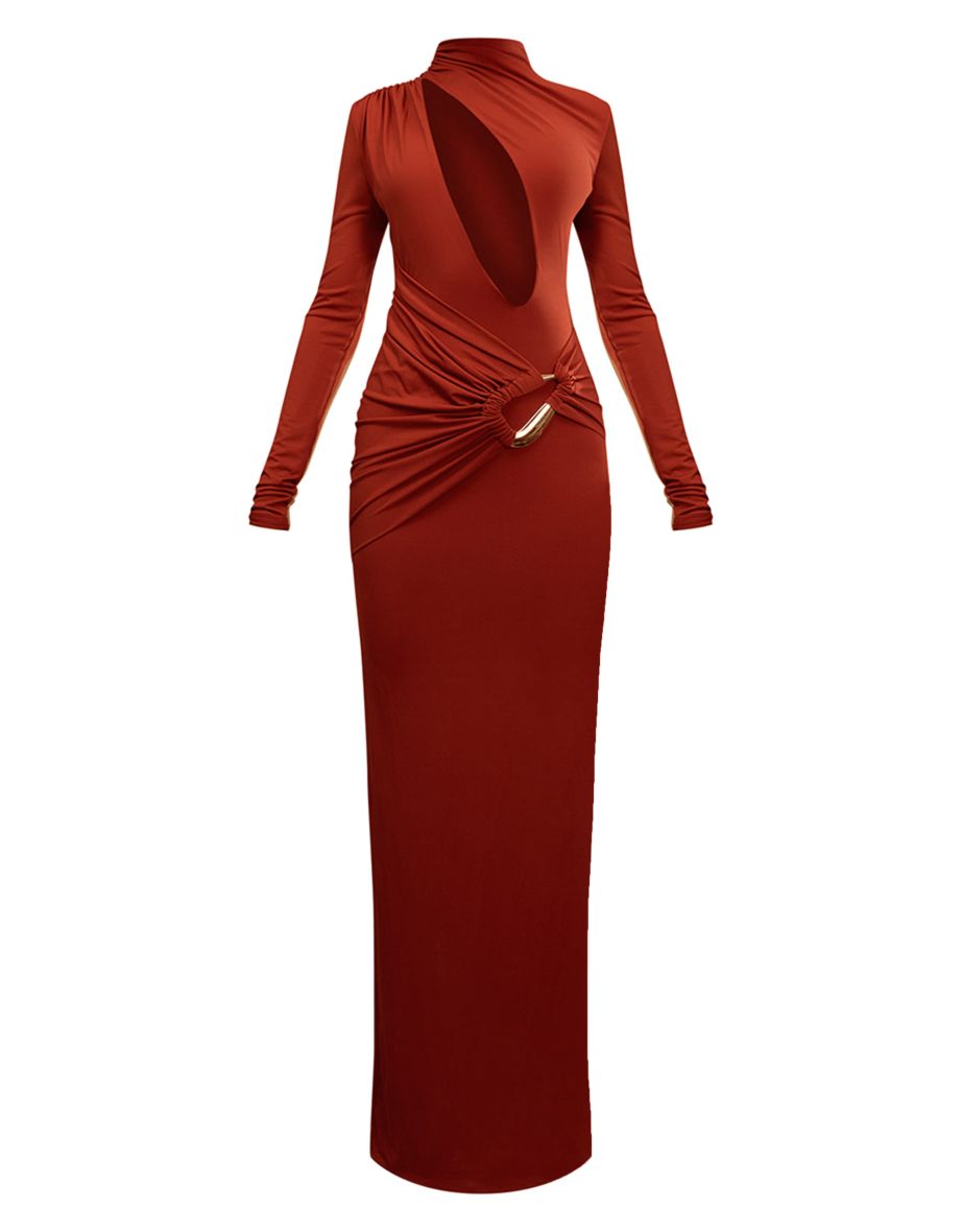 PLT Label Rust Double Layer Slinky Trim Detail Asymmetric Plunge Maxi Dress - 4