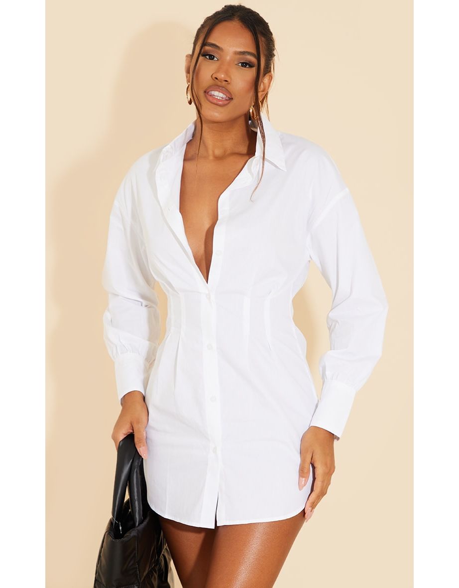 White Fitted Waist Long Sleeve Button Shirt Dress