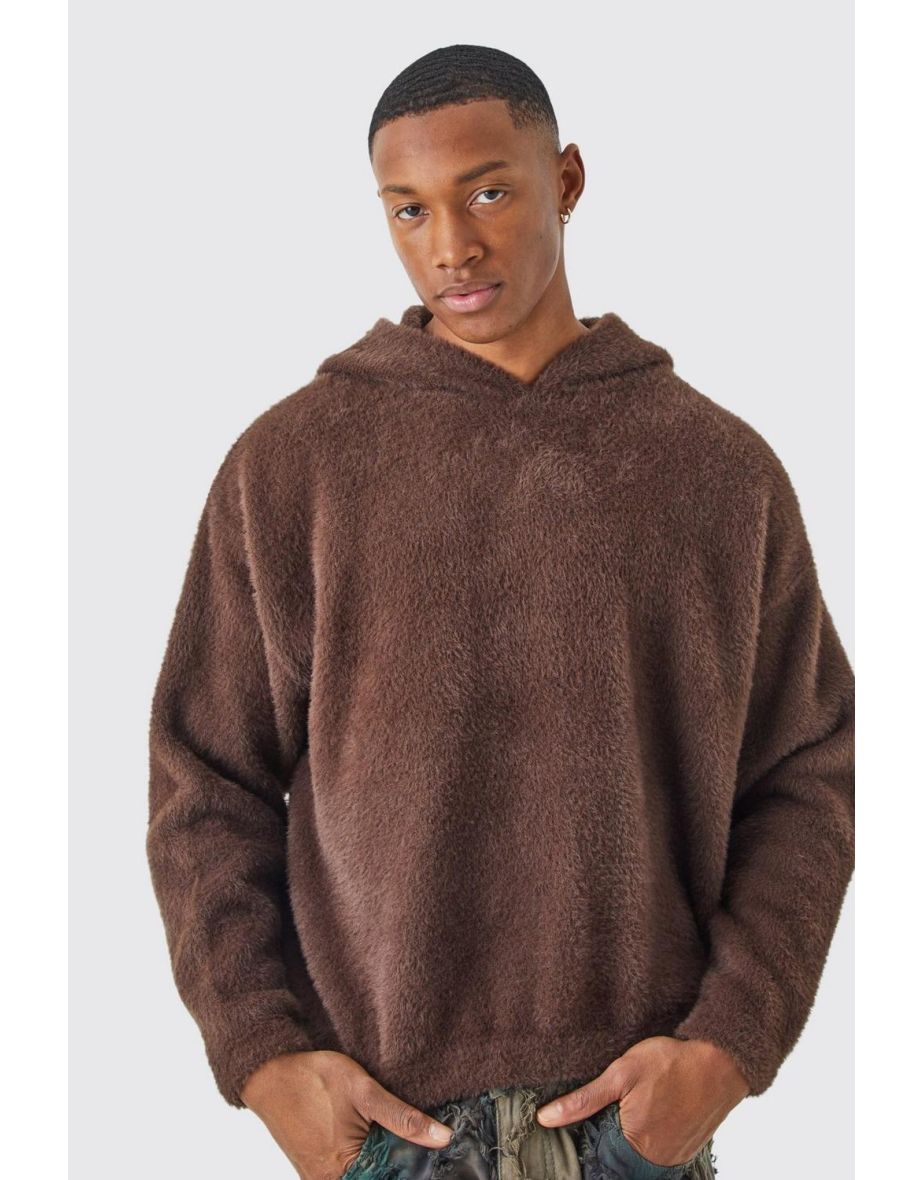 Shop Fluffy Knitted Boxy Hoodie chocolate Online in Kuwait VogaCloset