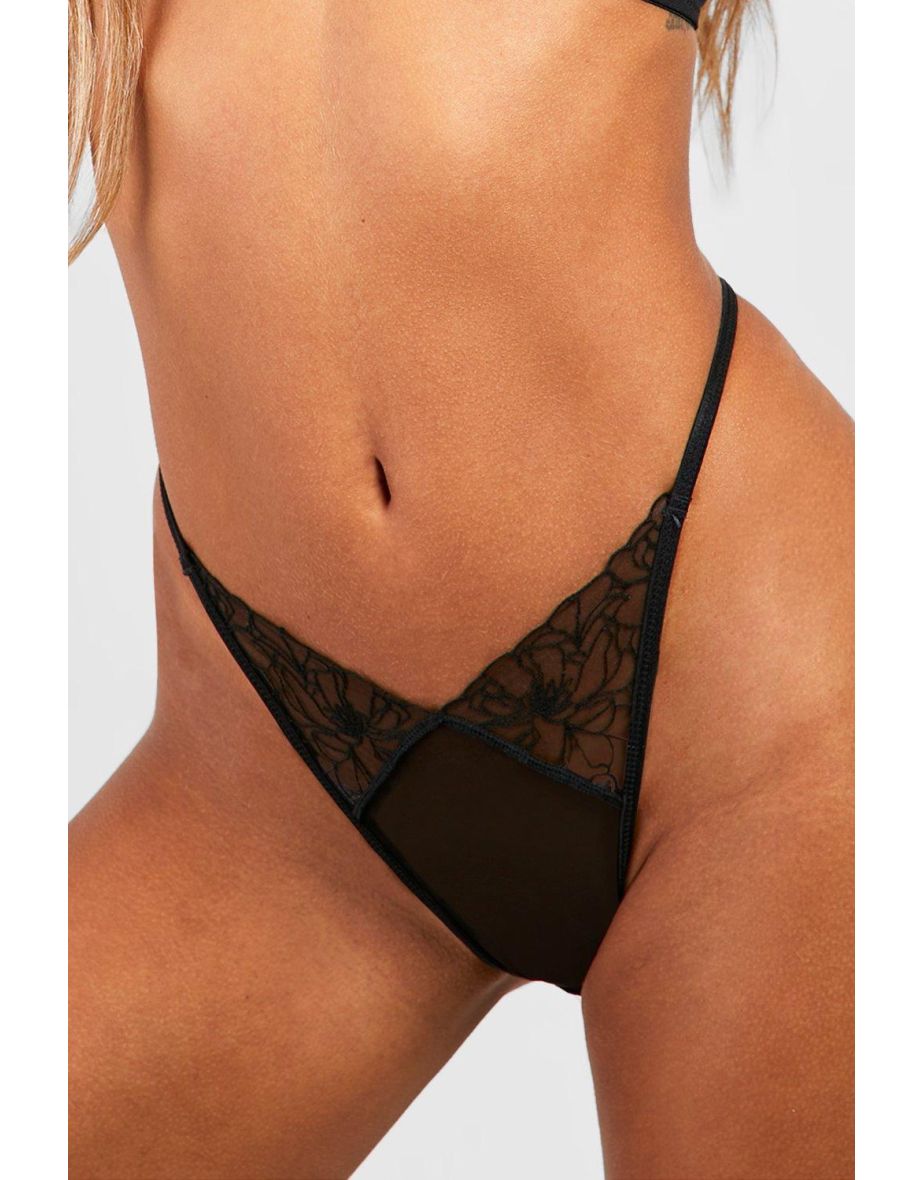 Embroidered Mesh Thong - black - 2